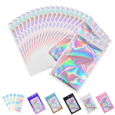 100 Pack Mylar Bags with Clear Window Holographic Smell proof Bag for Small Bussiness Resealable Zipper Sealable Pouch Bags Sample, Food,Jewelry,Lipgloss,Soap,Electronic With Color Labels(3x4 Inch)