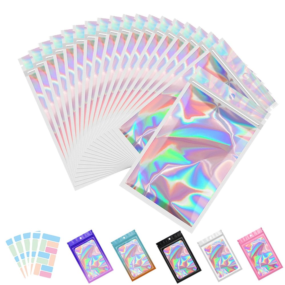 100 Pack Mylar Bags with Clear Window Holographic Smell proof Bag for Small Bussiness Resealable Zipper Sealable Pouch Bags Sample, Food,Jewelry,Lipgloss,Soap,Electronic With Color Labels(3x4 Inch)