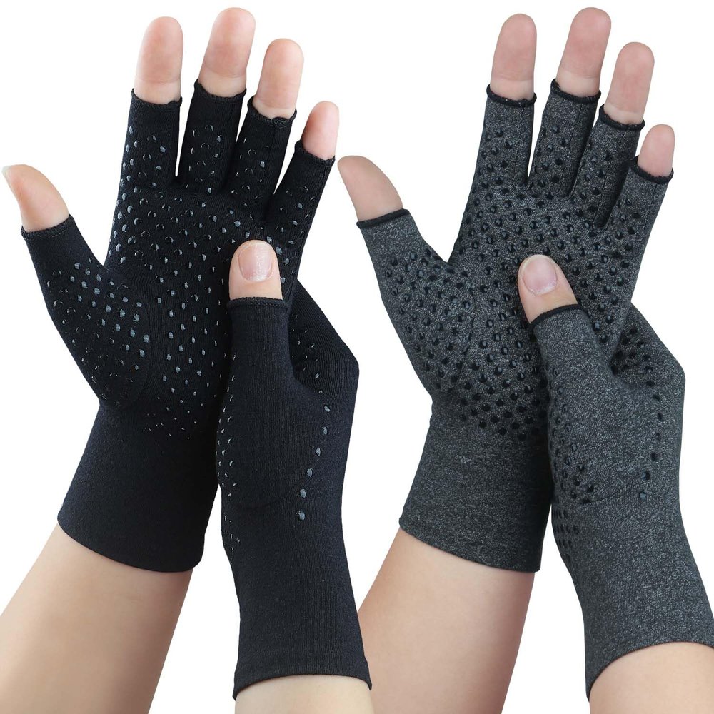 2 Pairs Arthritis Gloves, Compression Gloves for Women Men, Relieve Arthritis, Rheumatoid, Osteoarthritis, Carpal Tunnel Pain, Anti-Slip Fingerless Gloves for Hand Support (Pure Black+Grey,M)