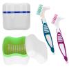 Denture Cleaner Box and Brush Set - 2 Pack Denture Bath Case with Basket + 2 Pack Denture Brush, Portable Denture Retainer Storage Box, False Teeth Brushes for Oral Care (Green and Dark blue) view 1