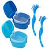 Denture Cleaner Box and Brush Set - 2 Pack Denture Bath Case with Basket + 2 Pack Denture Brush, Portable Denture Retainer Storage Box, False Teeth Brushes for Oral Care (Light and dark blue) view 1