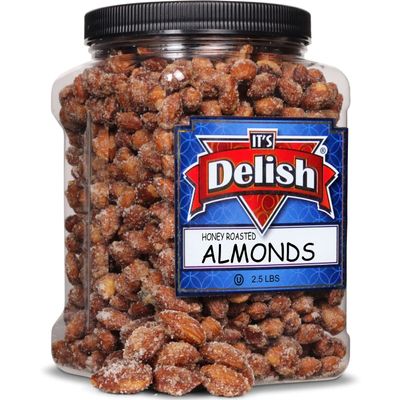 Honey Roasted Almonds by It's Delish, 2.5 LBS Reusable Jumbo Container | Gourmet Almond Nuts in Honey Sugar Coating, Sweet & Heart Healthy Salted Nut, Kids Snack - Non-Dairy, Kosher Parve