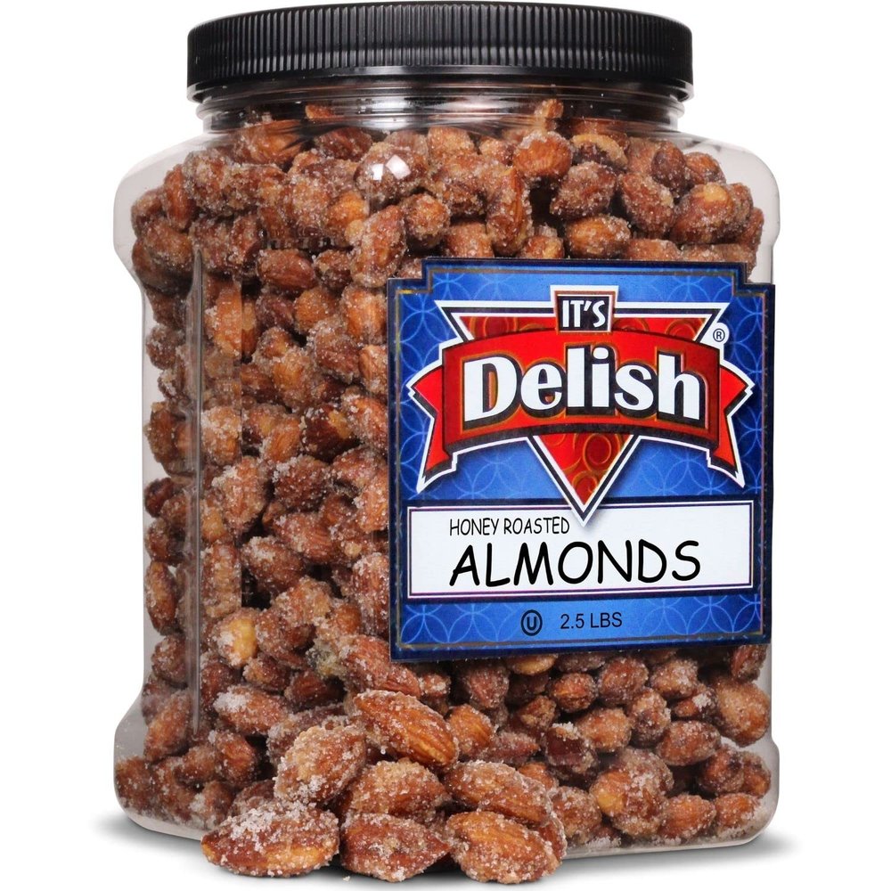 Honey Roasted Almonds by It's Delish, 2.5 LBS Reusable Jumbo Container | Gourmet Almond Nuts in Honey Sugar Coating, Sweet & Heart Healthy Salted Nut, Kids Snack - Non-Dairy, Kosher Parve