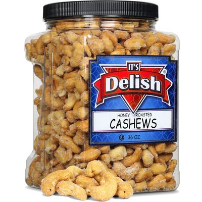 Honey Roasted Cashews by It's Delish, 36 Oz Reusable Jumbo Container | Gourmet Cashew Nuts in Honey Sugar Coating, Sweet & Heart Healthy Salted Nut, Kids Snack - Non-Dairy, Kosher Parve