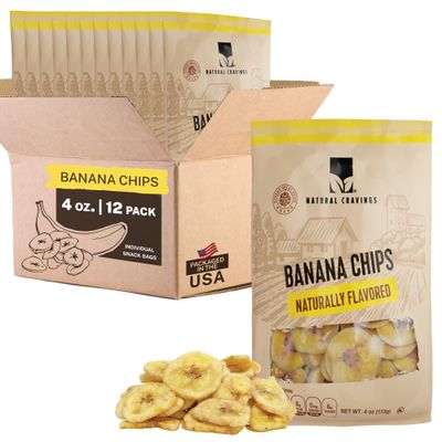 Healthy Banana Chips Dried Slices - Family Pack Bags of Dried Banana Chips Sweetened - Sweet Crispy Crunchy Snacks for Adults & Kids - Dehydrated Bananas Chip - 100% Dry Bananas Fruit Chips (Banana Chips 4 oz. 12 Pack)