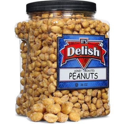 Honey Roasted Peanuts by It's Delish, 36 Oz Reusable Jumbo Container | Gourmet Peanut Nuts in Honey Sugar Coating, Sweet & Heart Healthy Salted Nut, Kids Snack - Non-Dairy, Kosher Parve