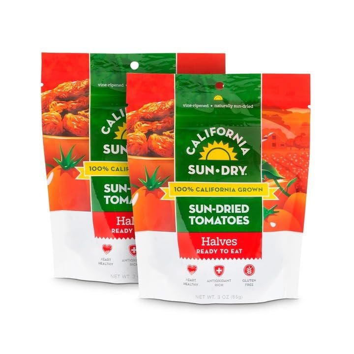 Sun-Dried Tomatoes, 3oz Bag (Pack of 2) Dry Halves, Ready to Eat, by CALIFORNIA SUN DRY | Gluten-Free and Antioxidant Rich