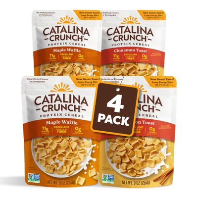 Catalina Crunch Protein Cereal | Sugar Free Breakfast Cereal with 11g of Protein | Gluten Free, Keto Friendly | Variety Pack Cinnamon Toast & Maple Waffle (Pack of 4) - Packaging May Vary