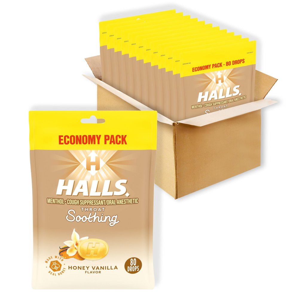 Halls Throat Soothing Honey Vanilla Cough Drops, Economy Pack, 12 Bags of 80 Drops (960 Total Drops)
