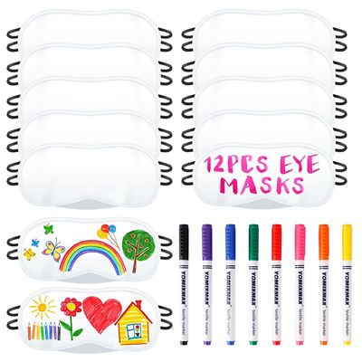 12 PCS Eye Mask Sleepover Party Supplies Sleep White Soft Shade Blindfold Eye Covering, Color the Bulk Game Stuff with 8 PCS Fabric Marker Pens