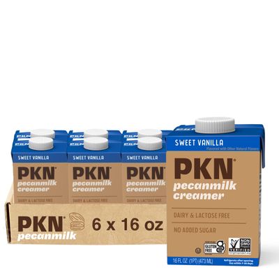 PKN Plant-Based Sweet Vanilla Pecanmilk Creamer - Flavor 16 Fl Oz (Pack of 6)  Dairy & Gluten Free, Vegan, Non-GMO Creamer for Coffee & Specialty Drinks  Clean Ingredients, Smooth & Creamy Taste