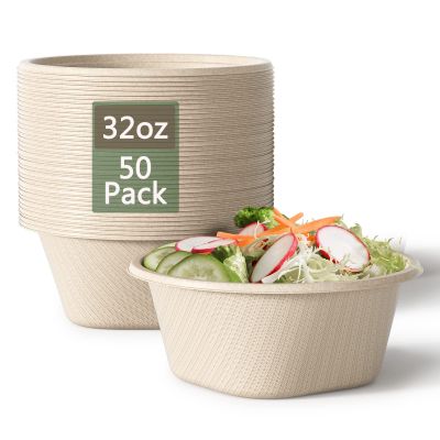 32 Oz Deep Paper Bowls Disposable Bowl - Disposable Heavy Duty Compostable Bowls, Eco-friendly Sugarcane Bagasse Biodegradable Bowl for Soup, Salad, Dessert, Ice Cream [50 Pack without Lds]