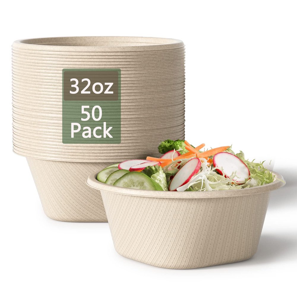 32 Oz Deep Paper Bowls Disposable Bowl - Disposable Heavy Duty Compostable Bowls, Eco-friendly Sugarcane Bagasse Biodegradable Bowl for Soup, Salad, Dessert, Ice Cream [50 Pack without Lds]
