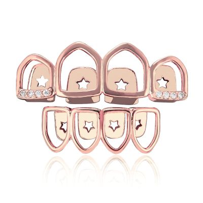 4 Tooth Skeleton with Drilled Braces 18K Gold Plated Micro Zircon Personality Rap Hipster Braces, Rose Gold (Set)