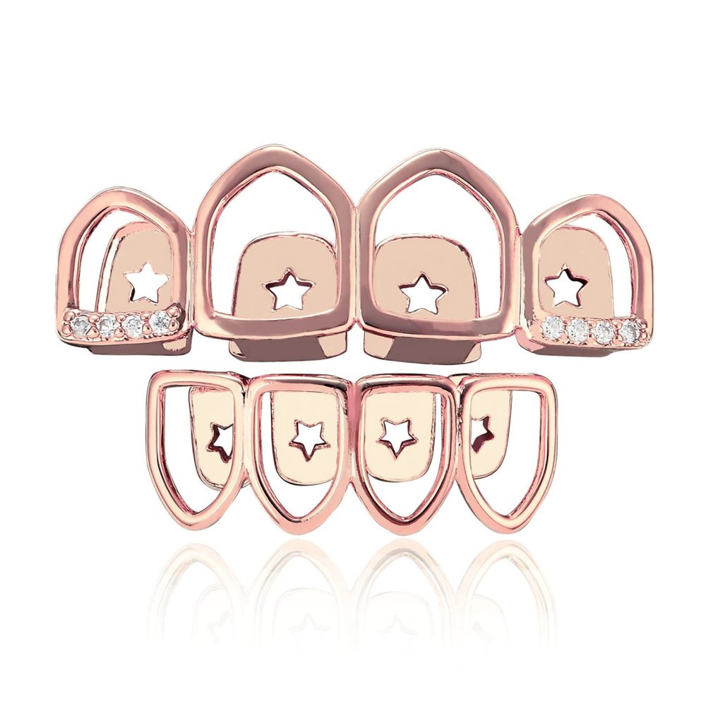 4 Tooth Skeleton with Drilled Braces 18K Gold Plated Micro Zircon Personality Rap Hipster Braces, Rose Gold (Set)