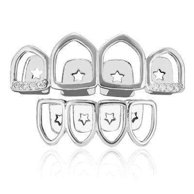 4 Tooth Openwork with Drilled Braces 18K Gold Plated Micro Zircon Personality Rap Hipster Braces, Silver (Set)