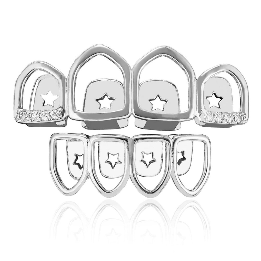 4 Tooth Openwork with Drilled Braces 18K Gold Plated Micro Zircon Personality Rap Hipster Braces, Silver (Set)
