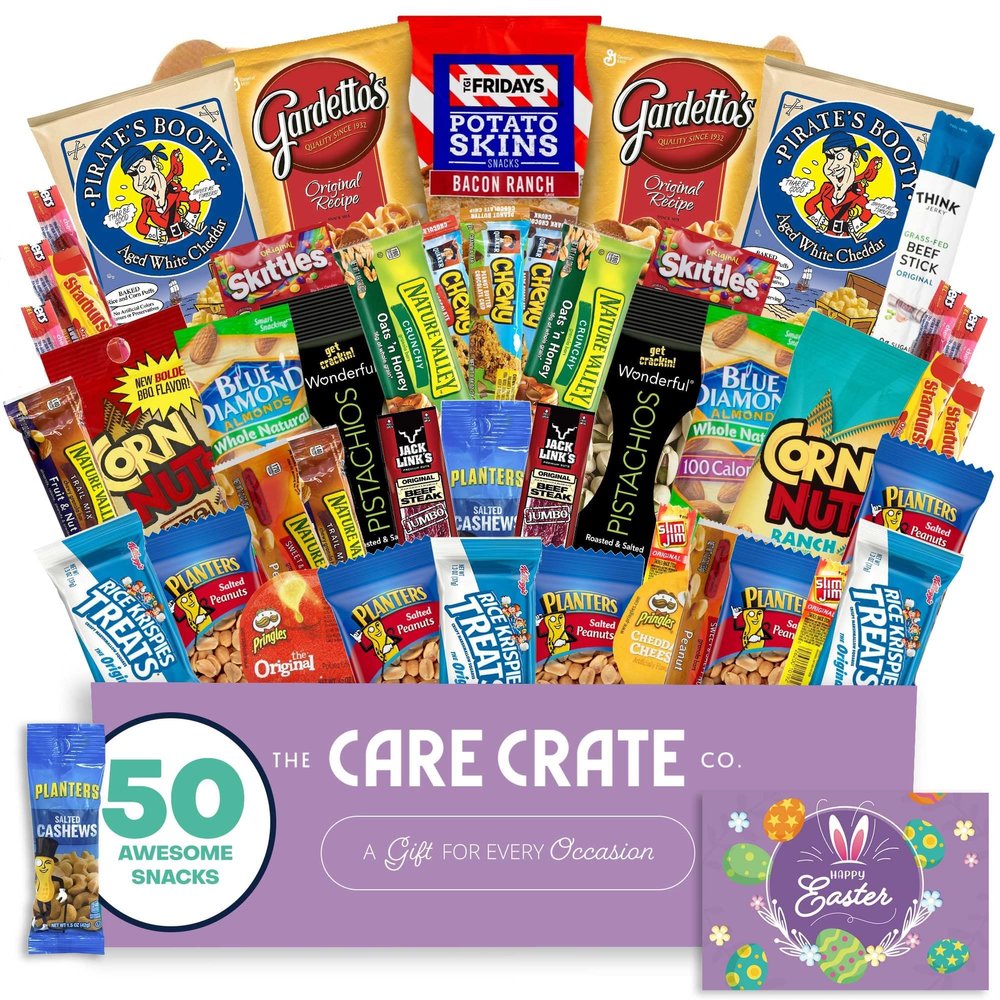 Men's Hearty Easter Snack Box (50 Piece Variety Gift Basket Care Package) Jerky, Nuts, Chips, Pretzels & More - The Care Crate Co.