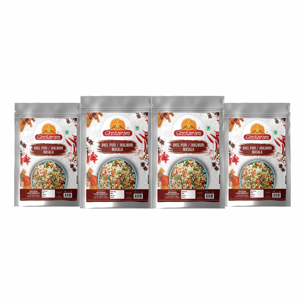 GHOTARAM Calcutta Jhalmuri, Jhal-Muri, Bhel-Puri, Bhelpuri Masala, Jhal Moodi Masala, Delicious Crunchy street food snack Masala, Natural And Fresh-150Gx4Pk