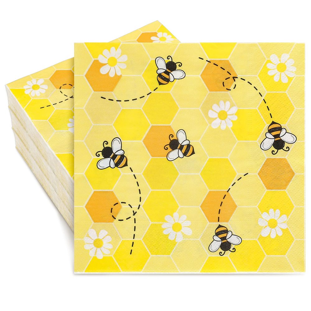 Whaline Bee Paper Napkins 6.5 x 6.5 Inch Bumblebee Daisies Print Disposable Luncheon Napkins Yellow Honeycomb Lunch Napkins for World Bee Day Spring Summer Dinner Buffet Tableware Supplies, 80 Pack