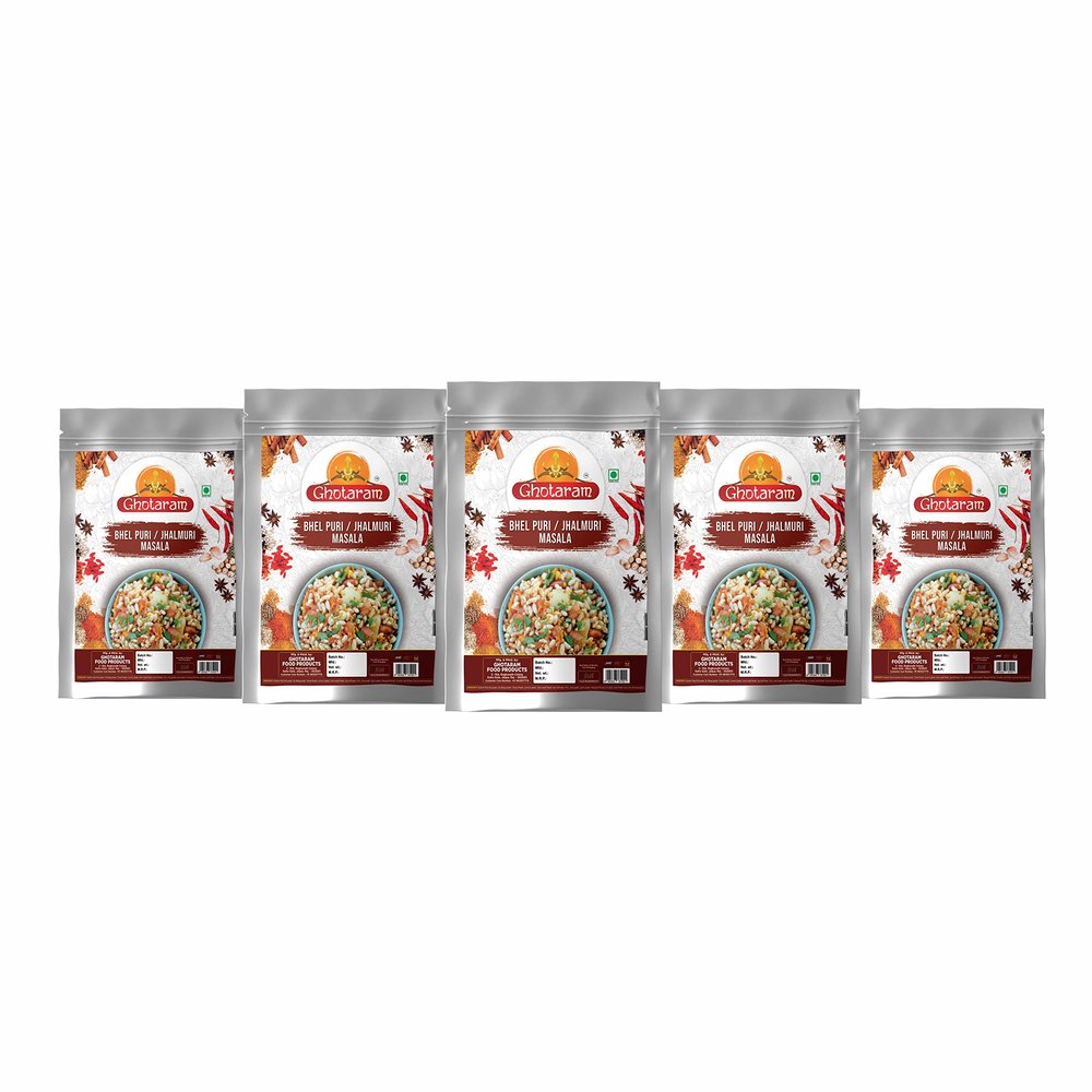 GHOTARAM Calcutta Jhalmuri, Jhal-Muri, Bhel-Puri, Bhelpuri Masala, Jhal Moodi Masala, Delicious Crunchy street food snack Masala, Natural And Fresh-80Gx5Pk