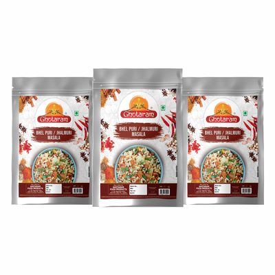 GHOTARAM Calcutta Jhalmuri, Jhal-Muri, Bhel-Puri, Bhelpuri Masala, Jhal Moodi Masala, Delicious Crunchy street food snack Masala, Natural And Fresh-150Gx3Pk