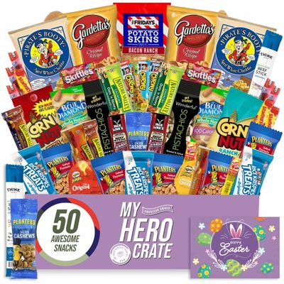 Military Men's Hearty Easter Snack Box (50 Piece Variety Gift Basket Care Package) Jerky, Nuts, Chips, Pretzels & More - My Hero Crate