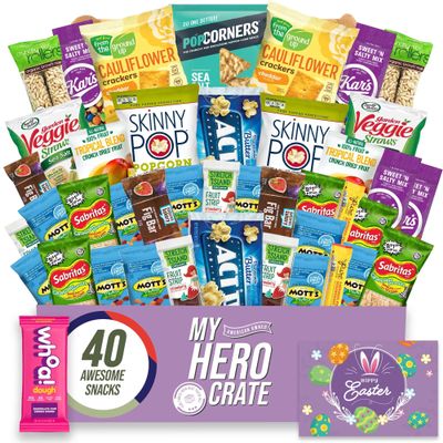 Military Allergy Friendly Easter Snack Box (40 Piece Gluten Free, Dairy Free, Vegan Variety Gift Basket Care Package) Popcorn, Pretzels, Fruit Strips, Fig Bars & More - My Hero Crate