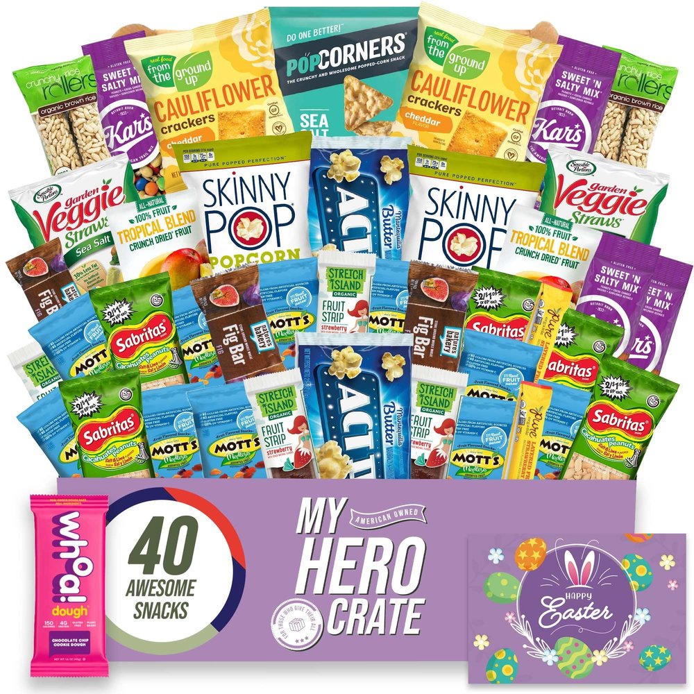 Military Allergy Friendly Easter Snack Box (40 Piece Gluten Free, Dairy Free, Vegan Variety Gift Basket Care Package) Popcorn, Pretzels, Fruit Strips, Fig Bars & More - My Hero Crate