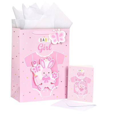 LeZakaa 16" Baby Rabbit Gift Bags with Tissue Paper, Butterfly Gift Tag and Card, Pink Gift Bag with Rabbit Suit & Baby Girl Lettering Design for Baby Shower, Little One, 1st Baby Girls' Birthday