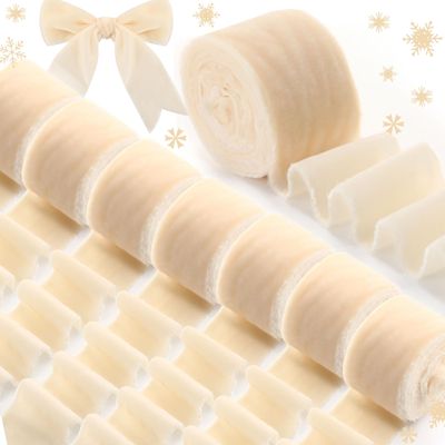 24 Yards Christmas Velvet Wrapping Ribbon, 8 Roll Silk Frayed Handmade Velvet Ribbon for Wedding Bouquet Invitation Christmas Wreaths Decor Gift Wrapping Cards DIY (Ivory,2 Inch)
