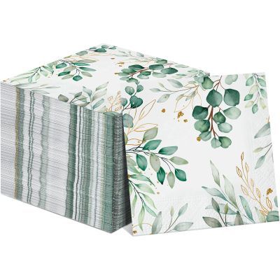 100 Pcs Eucalyptus Napkins 3 Ply Disposable Eucalyptus Leaf Paper Green Leaves Guest Towels Cocktail Napkins Greenery Paper for Home Party Birthday Baby Shower(6.5 x 6.5 Inch Folded)