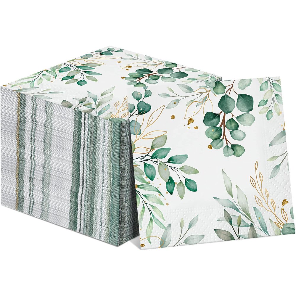 100 Pcs Eucalyptus Napkins 3 Ply Disposable Eucalyptus Leaf Paper Green Leaves Guest Towels Cocktail Napkins Greenery Paper for Home Party Birthday Baby Shower(6.5 x 6.5 Inch Folded)