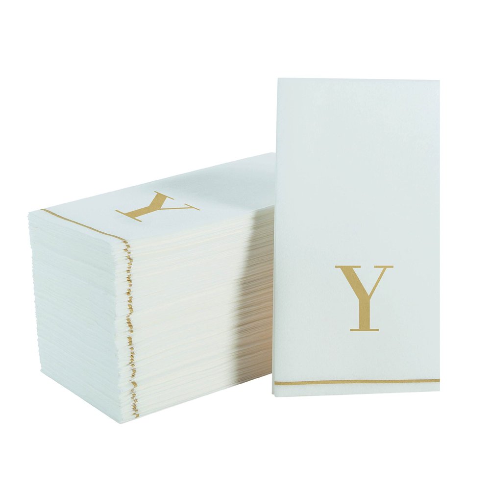 Luxe Party 112 Pack Monogram Napkins | Letter Y Initial | Disposable | Premium Airlaid | Linen Feel | Decorative Table Setting | Guest Towel Napkin | White and Gold
