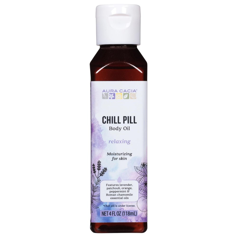 Aura Cacia Aromatherapy Body Oil, Chill Pill - Body Moisturizer with Relaxing Essential Oils for Daily Skin Care and Aromatic Indulgence | 4 Ounce (Pack of 1)