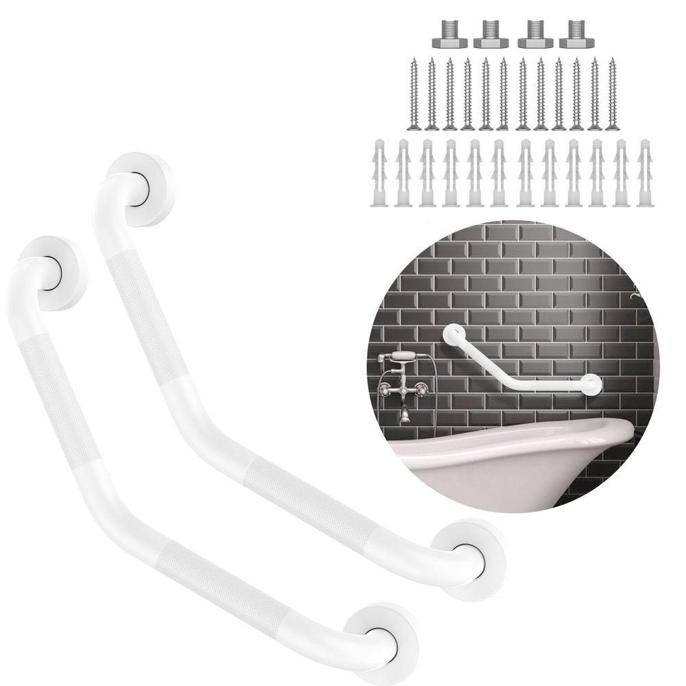 16 Inch Angled Grab Bar 2 Pack, ZUEXT Anti Slip White Shower Grab Bar Handles, Stainless Steel Knurled Bathroom Balance Bar, Safety Hand Rail Support,Handicap Elderly Injury Senior Assist Bath Handle