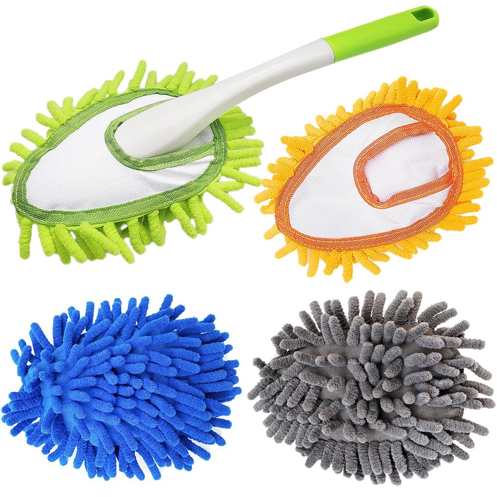 Microfiber Duster for Cleaning, Hand Washable Dusters with 4 pcs Replaceable Microfiber Head,Wet and Dry Use, Detachable Cleaning Supplies for Office, Car, Window, Furniture, Wall