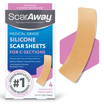 ScarAway Advanced Silicone Scar Sheets for C-Section, Reusable Strips (1.5 x 7) for Hypertrophic and Keloid Scars from C-Section & Other Surgeries, 4 Sheets