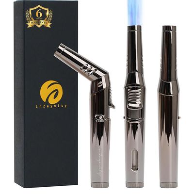 inZaynity Pen Torch Lighter - Windproof Jet Flame, Tiltable Head & Refillable Butane Torch with Adjustable Flame - Compact & Portable Lighters for Candle, Cooking, BBQ, Camping & DIY - Black & Steel