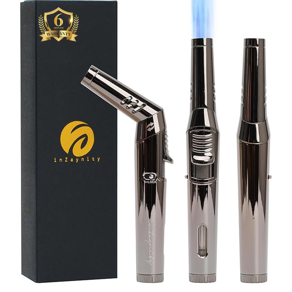 inZaynity Pen Torch Lighter - Windproof Jet Flame, Tiltable Head & Refillable Butane Torch with Adjustable Flame - Compact & Portable Lighters for Candle, Cooking, BBQ, Camping & DIY - Black & Steel