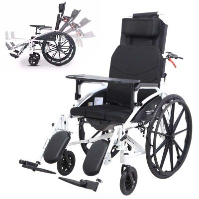 18.5" Reclining Wheelchair, Lightweight Carbon Steel Folding Self-Propelled Wheelchairs for Adults with High Back & Removable Headrest, 180 Full Reclining Chair with Removable Elevating Leg Rest