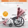 18.5" Reclining Wheelchair, Lightweight Carbon Steel Folding Self-Propelled Wheelchairs for Adults with High Back & Removable Headrest, 180 Full Reclining Chair with Removable Elevating Leg Rest view 2