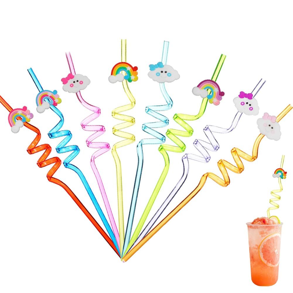 12 Pcs Rainbow Drinking Plastic Straws + 4 Temporaty Tattoos +1 Cleaning Brush,Reusable Drinking Straws for Birthday Party Supplies