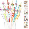 12 Pcs Rainbow Drinking Plastic Straws + 4 Temporaty Tattoos +1 Cleaning Brush,Reusable Drinking Straws for Birthday Party Supplies view 2