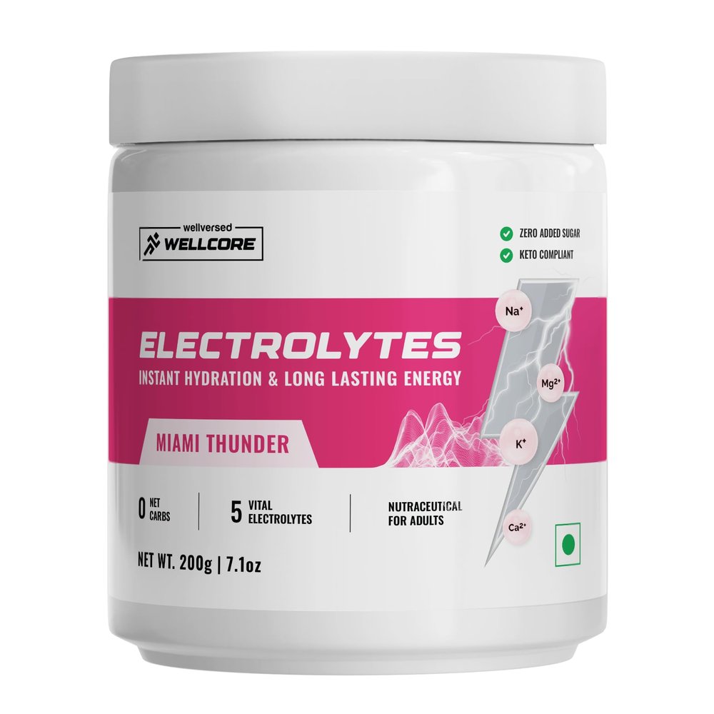 Wellcore - Electrolytes (40 Servings), Miami Thunder, Electrolyte Drink with 5 Vital Electrolytes: Na, Mg, Ca, K, PO4, Sugar Free Electrolyte Powder, Fat Fuel Powered