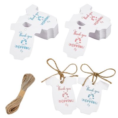 arricraft 100 Pcs Thank You for Popping by-Tags, Newborn Onesie Favors Labels High-end Cardstock Footprint Paper Gift with Jute Cord for Newborn Shower Birthday Party Favors, Pink & Blue