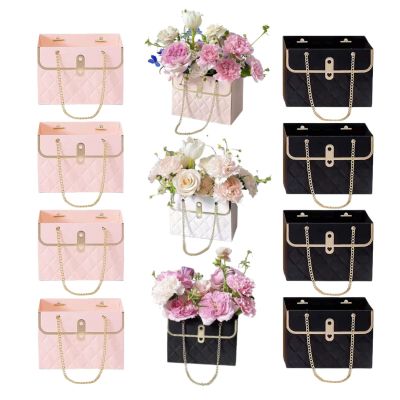 KUZEOLON 8pcs Flower Paper Gift Box, valentines Day bag Gift Box, Bouquet Bags Flower Box with metal chain Case, Flower Boxes for Arrangements Wedding Valentine's Day Gift Wrap Bags (Black + Pink)