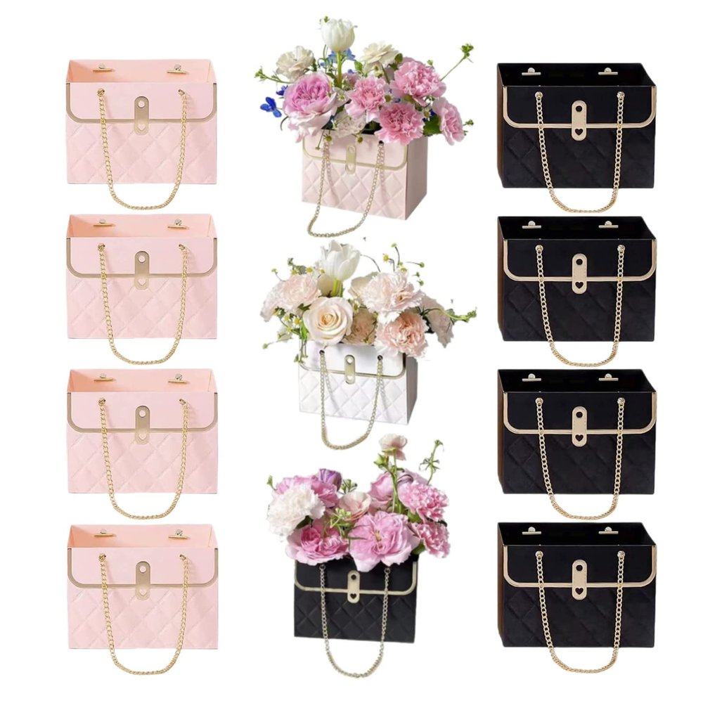 KUZEOLON 8pcs Flower Paper Gift Box, valentines Day bag Gift Box, Bouquet Bags Flower Box with metal chain Case, Flower Boxes for Arrangements Wedding Valentine's Day Gift Wrap Bags (Black + Pink)
