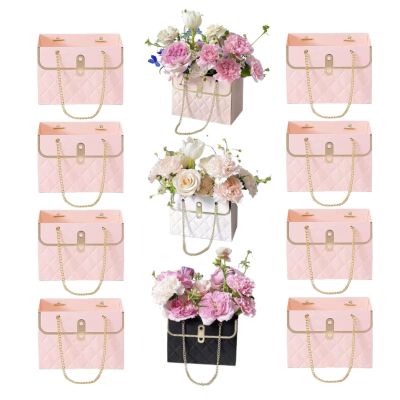 KUZEOLON 8pcs Flower Paper Gift Box, valentines Day bag Gift Box, Bouquet Bags Flower Box with metal chain Gift Case, Flower Boxes for Arrangements Wedding Valentine's Day Gift Wrap Bags (Pink 8PCS)