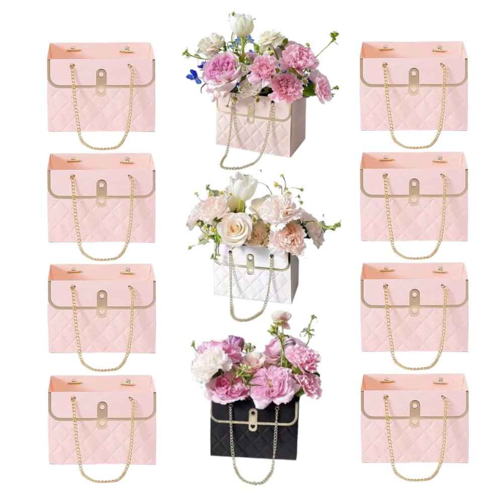 KUZEOLON 8pcs Flower Paper Gift Box, valentines Day bag Gift Box, Bouquet Bags Flower Box with metal chain Gift Case, Flower Boxes for Arrangements Wedding Valentine's Day Gift Wrap Bags (Pink 8PCS)